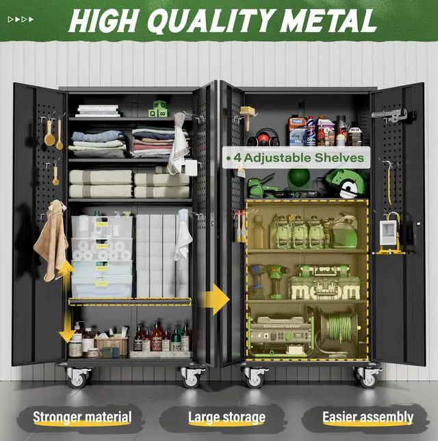 Alt view image 2 of 6 - 72" Black Metal Storage Cabinet with Wheels, Pegboards, Locking Doors and Shelves, Rolling Tool Cabinet for Garage, Home, Basement, Kitchen
