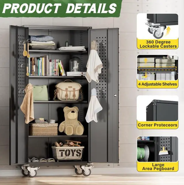 Alt view image 4 of 6 - 72" Black Metal Storage Cabinet with Wheels, Pegboards, Locking Doors and Shelves, Rolling Tool Cabinet for Garage, Home, Basement, Kitchen