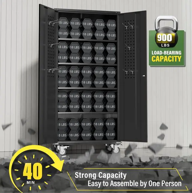 Alt view image 5 of 6 - 72" Black Metal Storage Cabinet with Wheels, Pegboards, Locking Doors and Shelves, Rolling Tool Cabinet for Garage, Home, Basement, Kitchen