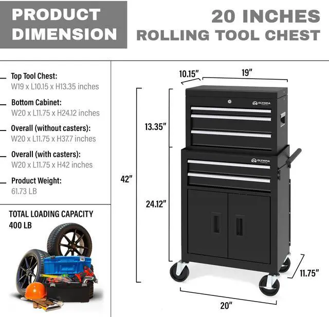 Alt view image 3 of 6 - 20-Inch Rolling Tool Cabinet Organizer, Heavy-Duty 5-Drawer Metal Tool Chest with Wheels and Locking Storage for Garage and Workshop, Black