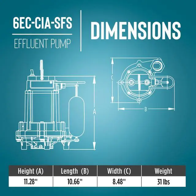 Alt view image 2 of 6 - 6EC-CIA-SFS 1/3 HP, 115-Volt, 3180 GPH Automatic Cast Iron Submersible Sump/Effluent Pump with Polypropylene Base, Integral Snap-Action Float Switch and 20-Ft. Cord, Blue, 506804