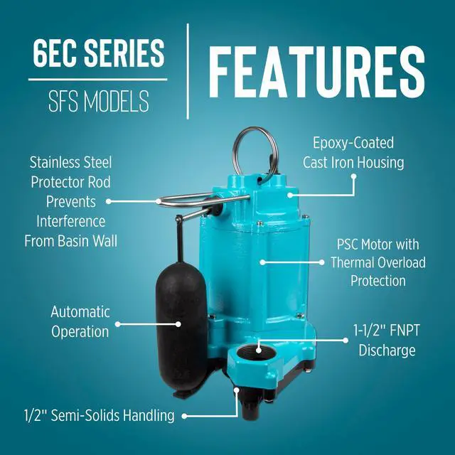 Alt view image 3 of 6 - 6EC-CIA-SFS 1/3 HP, 115-Volt, 3180 GPH Automatic Cast Iron Submersible Sump/Effluent Pump with Polypropylene Base, Integral Snap-Action Float Switch and 20-Ft. Cord, Blue, 506804
