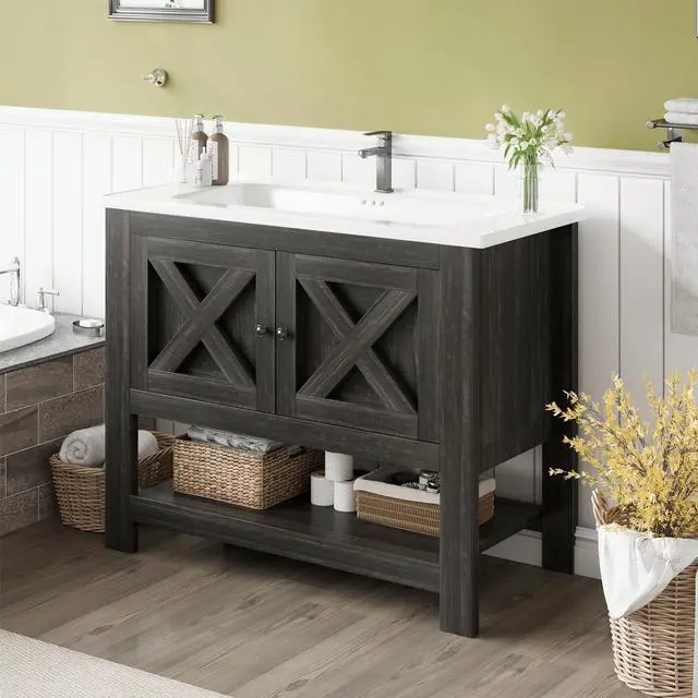 Main image of 36 Inch Bathroom Vanity with Sink, Farmhouse Bathroom Vanity Cabinet, Bathroom Cabinet with Ceramic Sink, 2 Doors and Open Shelf, Brown