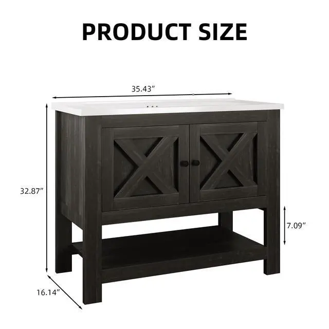 Alt view image 2 of 6 - 36 Inch Bathroom Vanity with Sink, Farmhouse Bathroom Vanity Cabinet, Bathroom Cabinet with Ceramic Sink, 2 Doors and Open Shelf, Brown