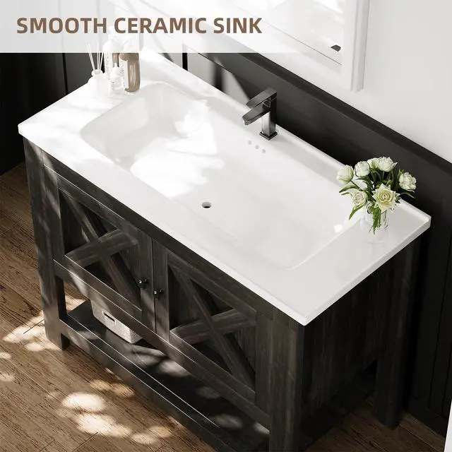 Alt view image 3 of 6 - 36 Inch Bathroom Vanity with Sink, Farmhouse Bathroom Vanity Cabinet, Bathroom Cabinet with Ceramic Sink, 2 Doors and Open Shelf, Brown