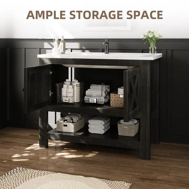 Alt view image 4 of 6 - 36 Inch Bathroom Vanity with Sink, Farmhouse Bathroom Vanity Cabinet, Bathroom Cabinet with Ceramic Sink, 2 Doors and Open Shelf, Brown