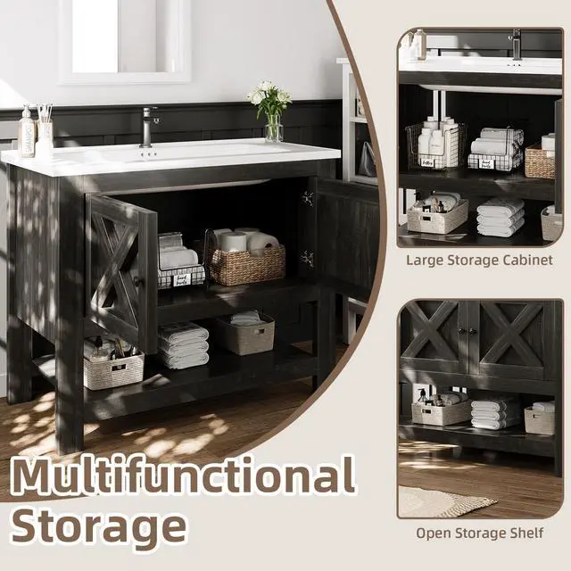 Alt view image 6 of 6 - 36 Inch Bathroom Vanity with Sink, Farmhouse Bathroom Vanity Cabinet, Bathroom Cabinet with Ceramic Sink, 2 Doors and Open Shelf, Brown