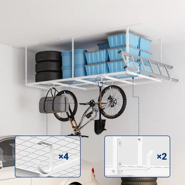 Alt view image 2 of 6 - 4x8 Overhead Garage Storage Rack w/Hooks Adjustable Ceiling Storage Racks, 96" Length x 48" Width x 40" Height, 22''-40" Ceiling Dropdown, White, Classic Series