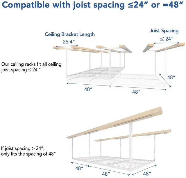 Alt view image 5 of 6 - 4x8 Overhead Garage Storage Rack w/Hooks Adjustable Ceiling Storage Racks, 96" Length x 48" Width x 40" Height, 22''-40" Ceiling Dropdown, White, Classic Series