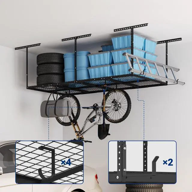 Alt view image 2 of 6 - 4x8 Overhead Garage Storage Rack w/Hooks Adjustable Ceiling Storage Rack, 96" Length x 48" Width x 40" Height, 22''-40" Ceiling Dropdown, Black, Classic Series