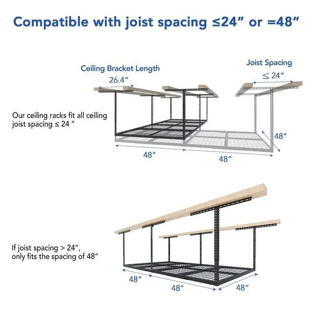 Alt view image 3 of 6 - 4x8 Overhead Garage Storage Rack w/Hooks Adjustable Ceiling Storage Rack, 96" Length x 48" Width x 40" Height, 22''-40" Ceiling Dropdown, Black, Classic Series