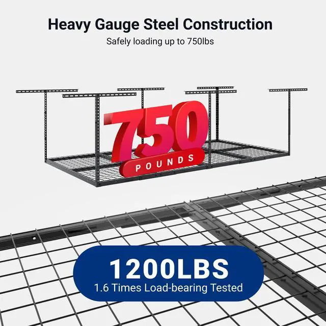 Alt view image 6 of 6 - 4x8 Overhead Garage Storage Rack w/Hooks Adjustable Ceiling Storage Rack, 96" Length x 48" Width x 40" Height, 22''-40" Ceiling Dropdown, Black, Classic Series