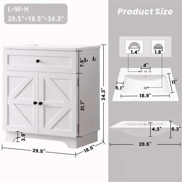 Alt view image 2 of 6 - 30 Inch Bathroom Vanity with Integrated Ceramic Sink, Farmhouse Single Sink Bathroom Vanity, Tip-Out Drawer & Adjustable Shelf (White)
