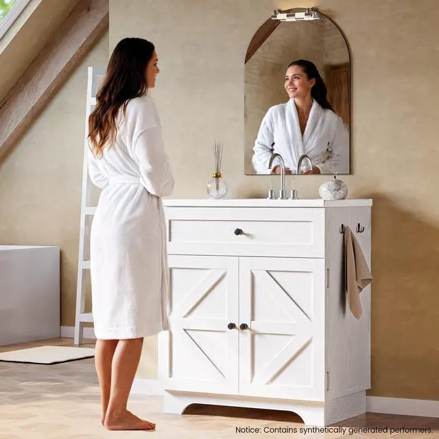 Alt view image 3 of 6 - 30 Inch Bathroom Vanity with Integrated Ceramic Sink, Farmhouse Single Sink Bathroom Vanity, Tip-Out Drawer & Adjustable Shelf (White)