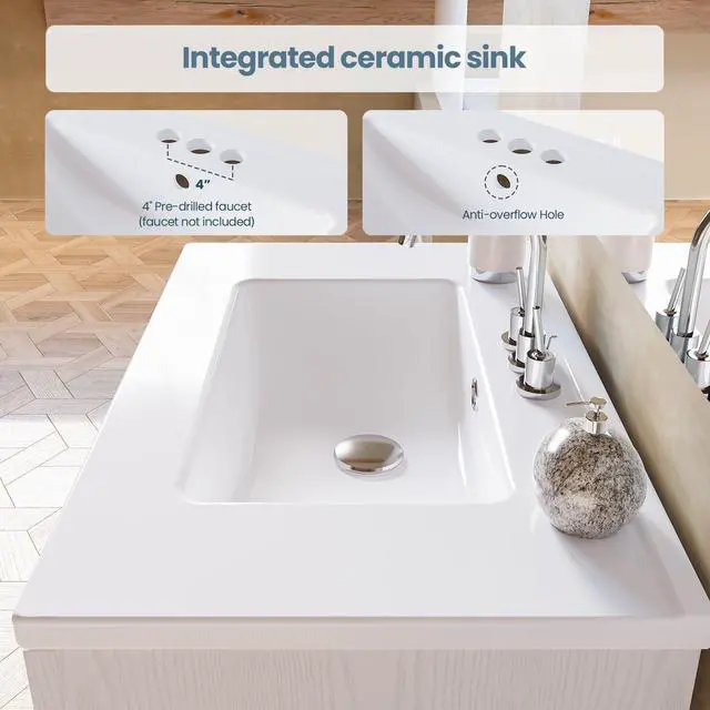 Alt view image 4 of 6 - 30 Inch Bathroom Vanity with Integrated Ceramic Sink, Farmhouse Single Sink Bathroom Vanity, Tip-Out Drawer & Adjustable Shelf (White)