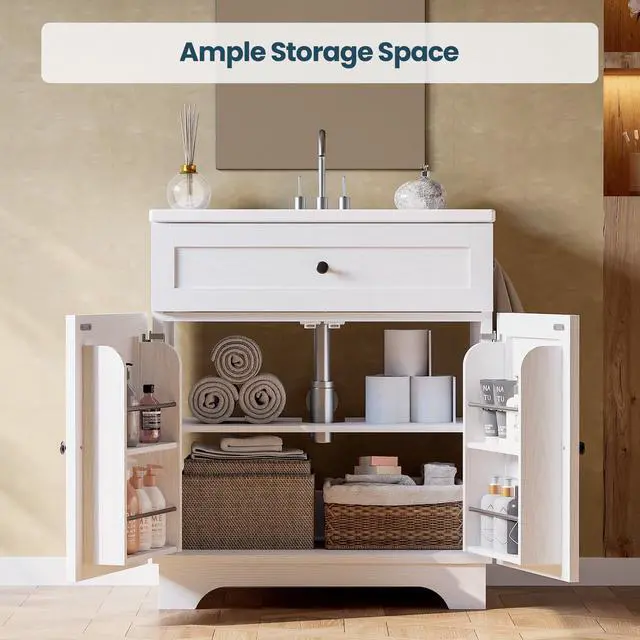 Alt view image 5 of 6 - 30 Inch Bathroom Vanity with Integrated Ceramic Sink, Farmhouse Single Sink Bathroom Vanity, Tip-Out Drawer & Adjustable Shelf (White)