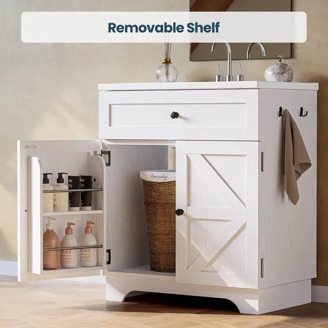 Alt view image 6 of 6 - 30 Inch Bathroom Vanity with Integrated Ceramic Sink, Farmhouse Single Sink Bathroom Vanity, Tip-Out Drawer & Adjustable Shelf (White)