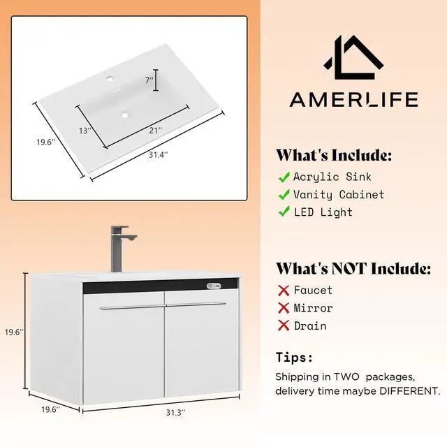 Alt view image 2 of 6 - 31" LED Floating Bathroom Vanity with Single Sink, Modern High Gloss Wall Mounted Bathroom Storage Cabinet with Metal Handles, White