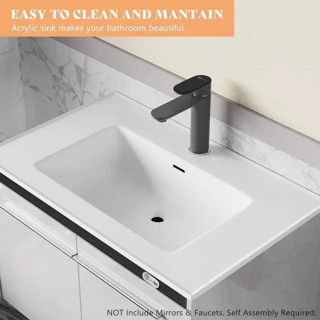 Alt view image 3 of 6 - 31" LED Floating Bathroom Vanity with Single Sink, Modern High Gloss Wall Mounted Bathroom Storage Cabinet with Metal Handles, White