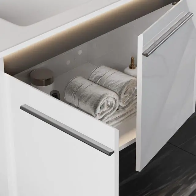 Alt view image 4 of 6 - 31" LED Floating Bathroom Vanity with Single Sink, Modern High Gloss Wall Mounted Bathroom Storage Cabinet with Metal Handles, White