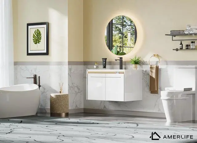 Alt view image 6 of 6 - 31" LED Floating Bathroom Vanity with Single Sink, Modern High Gloss Wall Mounted Bathroom Storage Cabinet with Metal Handles, White
