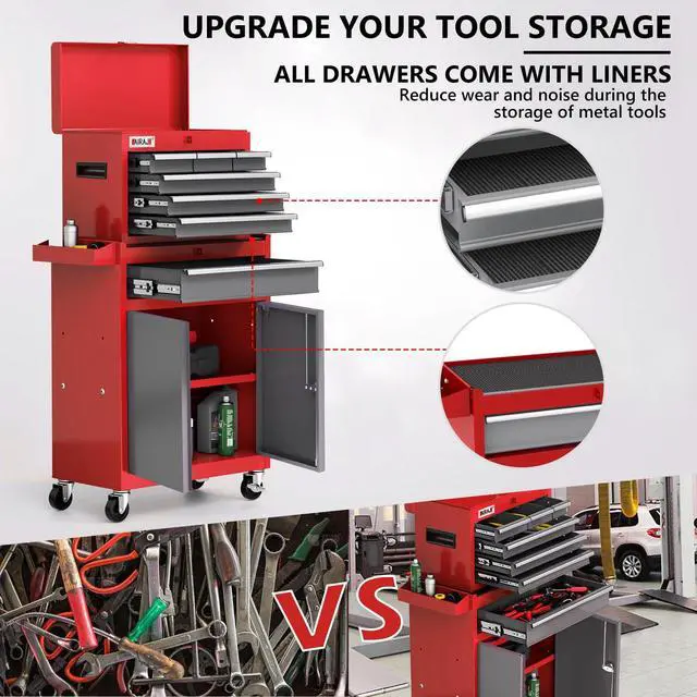 Alt view image 4 of 6 - 7-Drawer Tool Chest with Wheels,40'' Rolling Tool Chest with Drawers,Portable Tool Cabinet with Liners,Detachable Top Tool Box,Rolling Tool Box for Garage Storage,Workshop,Warehouse,Red