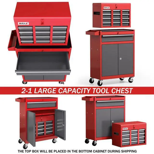 Alt view image 5 of 6 - 7-Drawer Tool Chest with Wheels,40'' Rolling Tool Chest with Drawers,Portable Tool Cabinet with Liners,Detachable Top Tool Box,Rolling Tool Box for Garage Storage,Workshop,Warehouse,Red