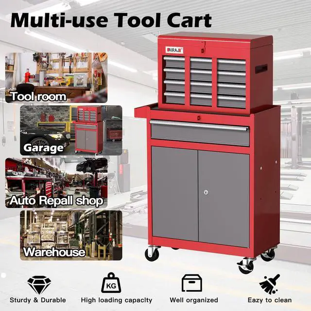 Alt view image 6 of 6 - 7-Drawer Tool Chest with Wheels,40'' Rolling Tool Chest with Drawers,Portable Tool Cabinet with Liners,Detachable Top Tool Box,Rolling Tool Box for Garage Storage,Workshop,Warehouse,Red