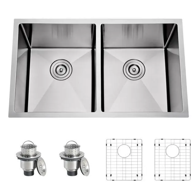 Alt view image 2 of 6 - 32 Inch Undermount Handmade 50/50 Double Bowl Kitchen Sink | 16 Gauge Thickness, 304 Stainless Steel, Brushed Satin Finish, Large Capacity, Strainer & Grid Included, 32" x 19" x 10"