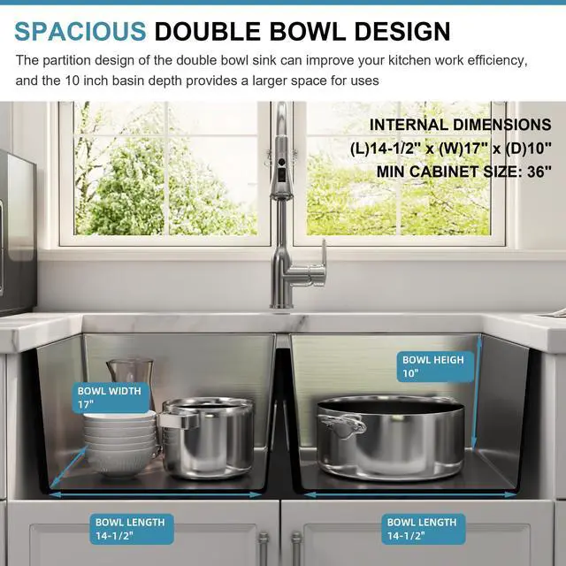 Alt view image 4 of 6 - 32 Inch Undermount Handmade 50/50 Double Bowl Kitchen Sink | 16 Gauge Thickness, 304 Stainless Steel, Brushed Satin Finish, Large Capacity, Strainer & Grid Included, 32" x 19" x 10"