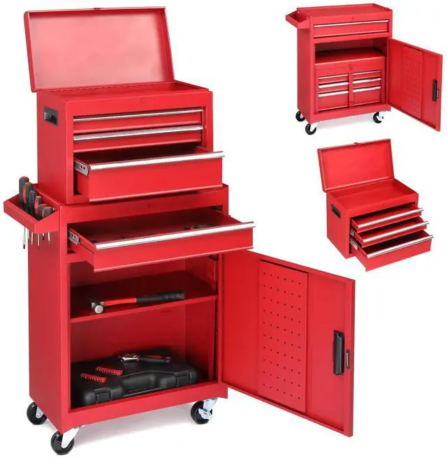 Main image of 4-Drawer Rolling Tool Chest with Wheels & Lock, Tool Box with Large Storage Cabinet and Adjustable Shelf, Removable Portable Top Box for Garage, Warehouse, Factory (Red)