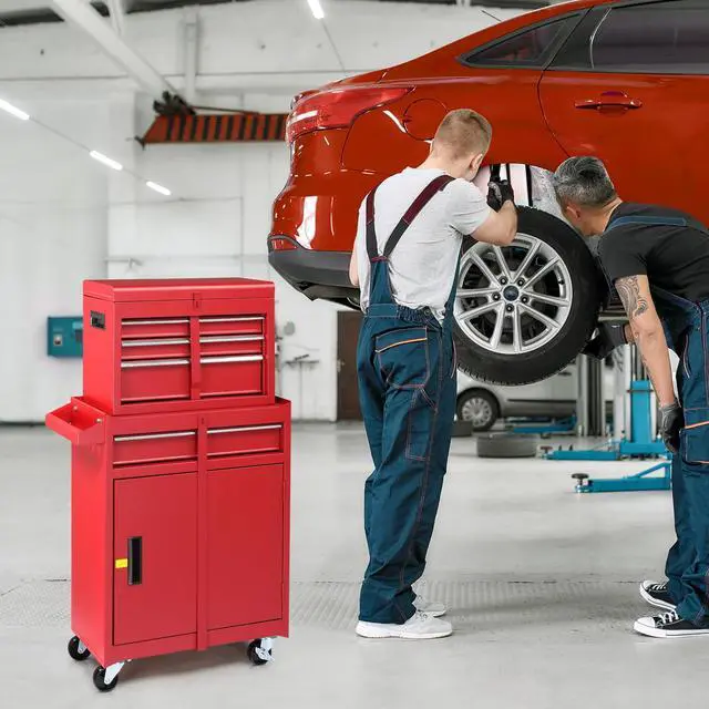 Alt view image 2 of 6 - 4-Drawer Rolling Tool Chest with Wheels & Lock, Tool Box with Large Storage Cabinet and Adjustable Shelf, Removable Portable Top Box for Garage, Warehouse, Factory (Red)
