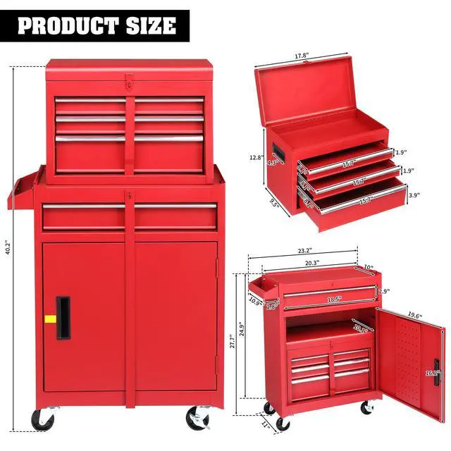 Alt view image 3 of 6 - 4-Drawer Rolling Tool Chest with Wheels & Lock, Tool Box with Large Storage Cabinet and Adjustable Shelf, Removable Portable Top Box for Garage, Warehouse, Factory (Red)