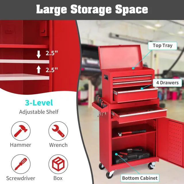 Alt view image 4 of 6 - 4-Drawer Rolling Tool Chest with Wheels & Lock, Tool Box with Large Storage Cabinet and Adjustable Shelf, Removable Portable Top Box for Garage, Warehouse, Factory (Red)