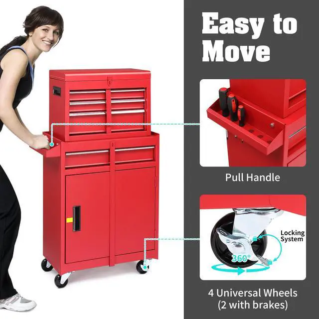 Alt view image 5 of 6 - 4-Drawer Rolling Tool Chest with Wheels & Lock, Tool Box with Large Storage Cabinet and Adjustable Shelf, Removable Portable Top Box for Garage, Warehouse, Factory (Red)