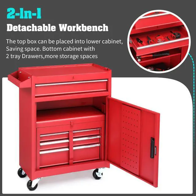 Alt view image 6 of 6 - 4-Drawer Rolling Tool Chest with Wheels & Lock, Tool Box with Large Storage Cabinet and Adjustable Shelf, Removable Portable Top Box for Garage, Warehouse, Factory (Red)