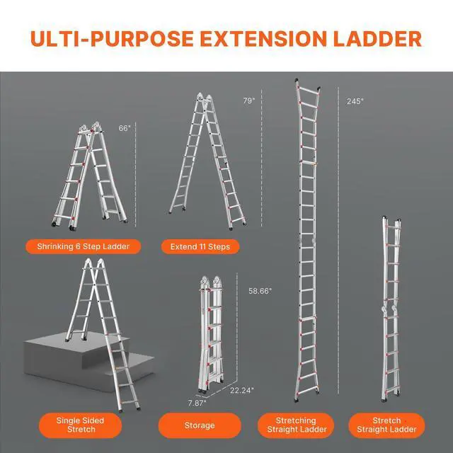 Alt view image 4 of 6 - Telescoping A Frame Ladder, 20.5 FT Compact Aluminum Extension, Multi-Function Portable Collapsible RV, for Homework Stairs Indoor Outdoor Roof, 330lb Load