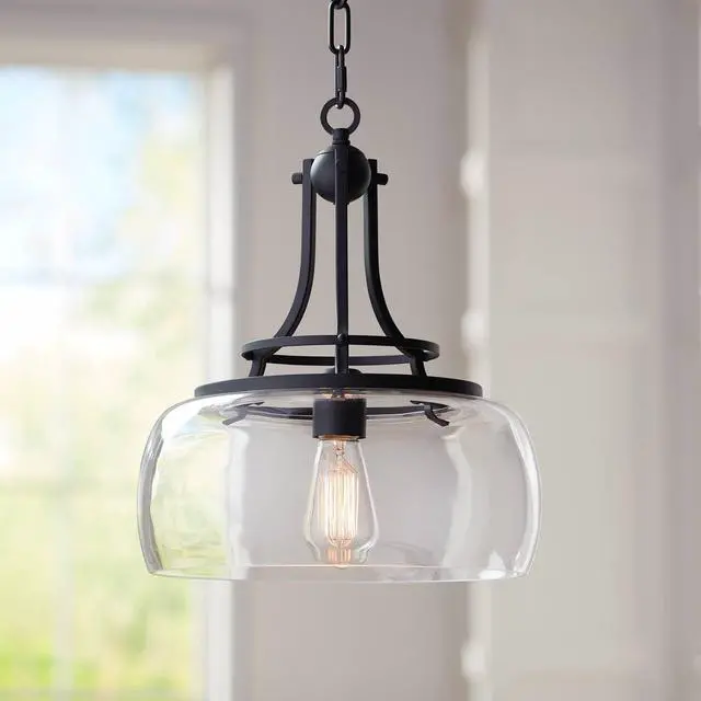 Main image of Pendant Light Fixture - Charleston Black Metal, Clear Glass, Farmhouse Pendant Light for Kitchen Islands, Living Rooms, Dining Rooms, Foyers, and Bedrooms - 13 1/2" Wide, 16" High