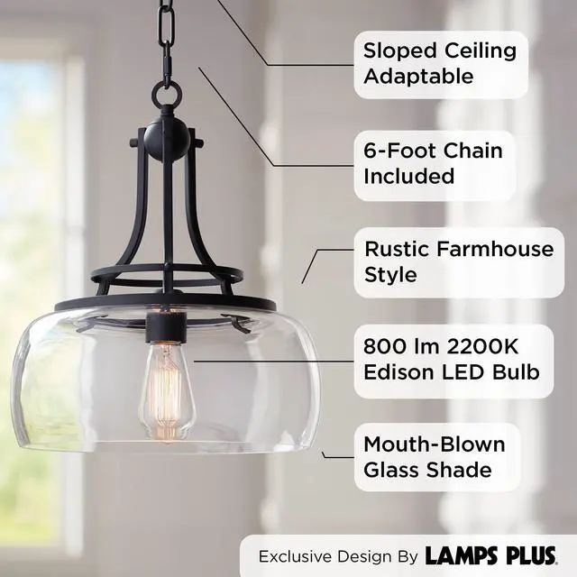 Alt view image 3 of 6 - Pendant Light Fixture - Charleston Black Metal, Clear Glass, Farmhouse Pendant Light for Kitchen Islands, Living Rooms, Dining Rooms, Foyers, and Bedrooms - 13 1/2" Wide, 16" High