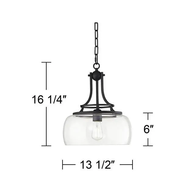 Alt view image 4 of 6 - Pendant Light Fixture - Charleston Black Metal, Clear Glass, Farmhouse Pendant Light for Kitchen Islands, Living Rooms, Dining Rooms, Foyers, and Bedrooms - 13 1/2" Wide, 16" High