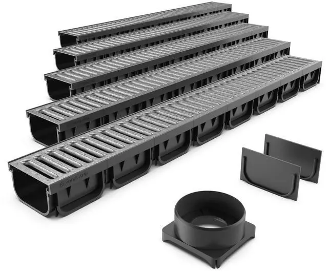 Main image of Vodaland - 4 Inch Easy 2 Premium Trench Drain Channel - Galvanized Stamped Steel Grating (5)