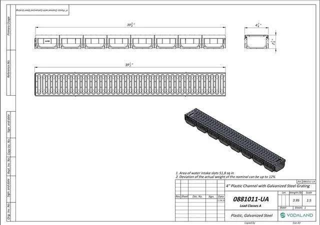 Alt view image 5 of 5 - Vodaland - 4 Inch Easy 2 Premium Trench Drain Channel - Galvanized Stamped Steel Grating (5)