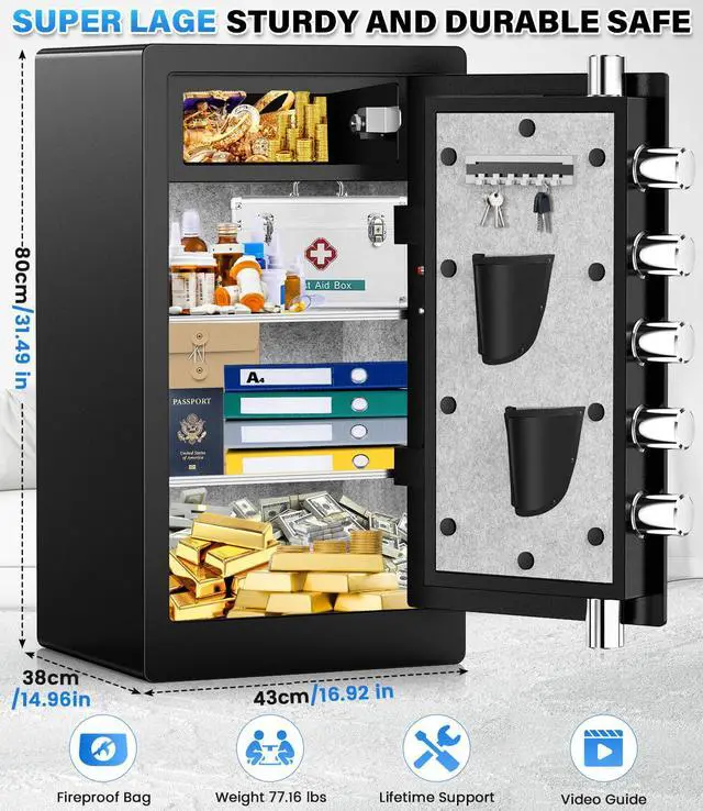 Alt view image 2 of 6 - 8.5 Cubic Feet Large Biometric Safe Box, Home Safes Water Fireproof, Duty Document Safe with Bottom Hidden Compartment, Anti-Theft Dual Alerts, Mute Mode, Digital Security for Home and Business