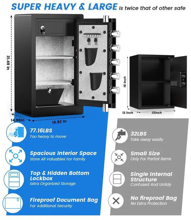 Alt view image 5 of 6 - 8.5 Cubic Feet Large Biometric Safe Box, Home Safes Water Fireproof, Duty Document Safe with Bottom Hidden Compartment, Anti-Theft Dual Alerts, Mute Mode, Digital Security for Home and Business