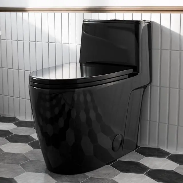 Main image of Black Toilet with Rimless Swirl Flush, 17.3" ADA Modern Elongated One Piece Toilets For Bathrooms, Dual Flush 1.0/1.28 GPF, Comfort Chair Height, Soft-Close Black Toilet Seat & 12" Rough-In
