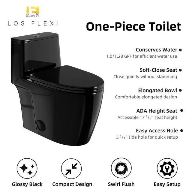 Alt view image 2 of 6 - Black Toilet with Rimless Swirl Flush, 17.3" ADA Modern Elongated One Piece Toilets For Bathrooms, Dual Flush 1.0/1.28 GPF, Comfort Chair Height, Soft-Close Black Toilet Seat & 12" Rough-In