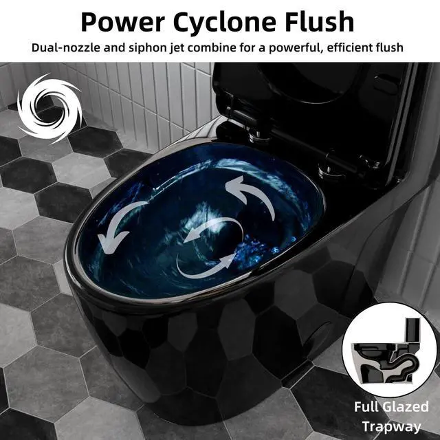Alt view image 3 of 6 - Black Toilet with Rimless Swirl Flush, 17.3" ADA Modern Elongated One Piece Toilets For Bathrooms, Dual Flush 1.0/1.28 GPF, Comfort Chair Height, Soft-Close Black Toilet Seat & 12" Rough-In