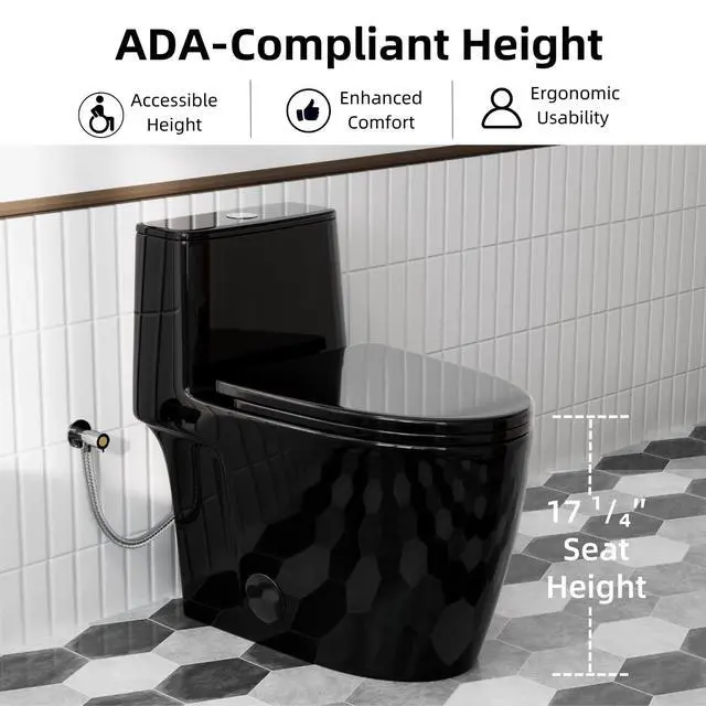 Alt view image 5 of 6 - Black Toilet with Rimless Swirl Flush, 17.3" ADA Modern Elongated One Piece Toilets For Bathrooms, Dual Flush 1.0/1.28 GPF, Comfort Chair Height, Soft-Close Black Toilet Seat & 12" Rough-In