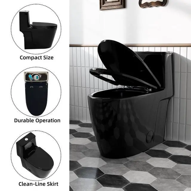 Alt view image 6 of 6 - Black Toilet with Rimless Swirl Flush, 17.3" ADA Modern Elongated One Piece Toilets For Bathrooms, Dual Flush 1.0/1.28 GPF, Comfort Chair Height, Soft-Close Black Toilet Seat & 12" Rough-In