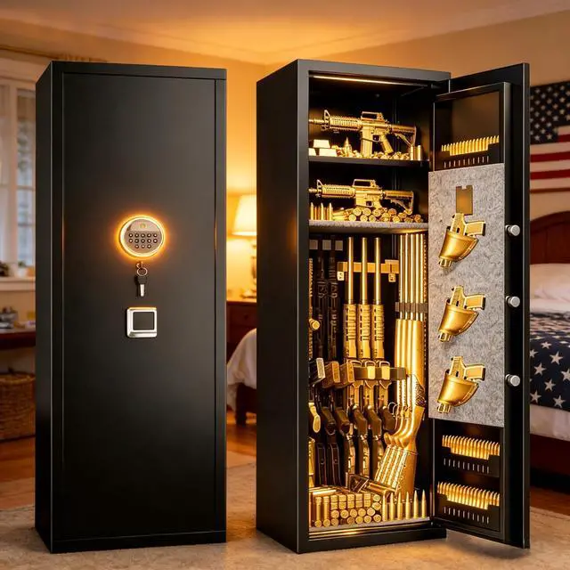 Main image of No Assembly Required Gun Safe for Rifles and Pistols Fingerprint,14" W x 58" H Adjustable Gun Cabinet for Home,14-15 Gun Safes for Rifle and Password Lock,Black